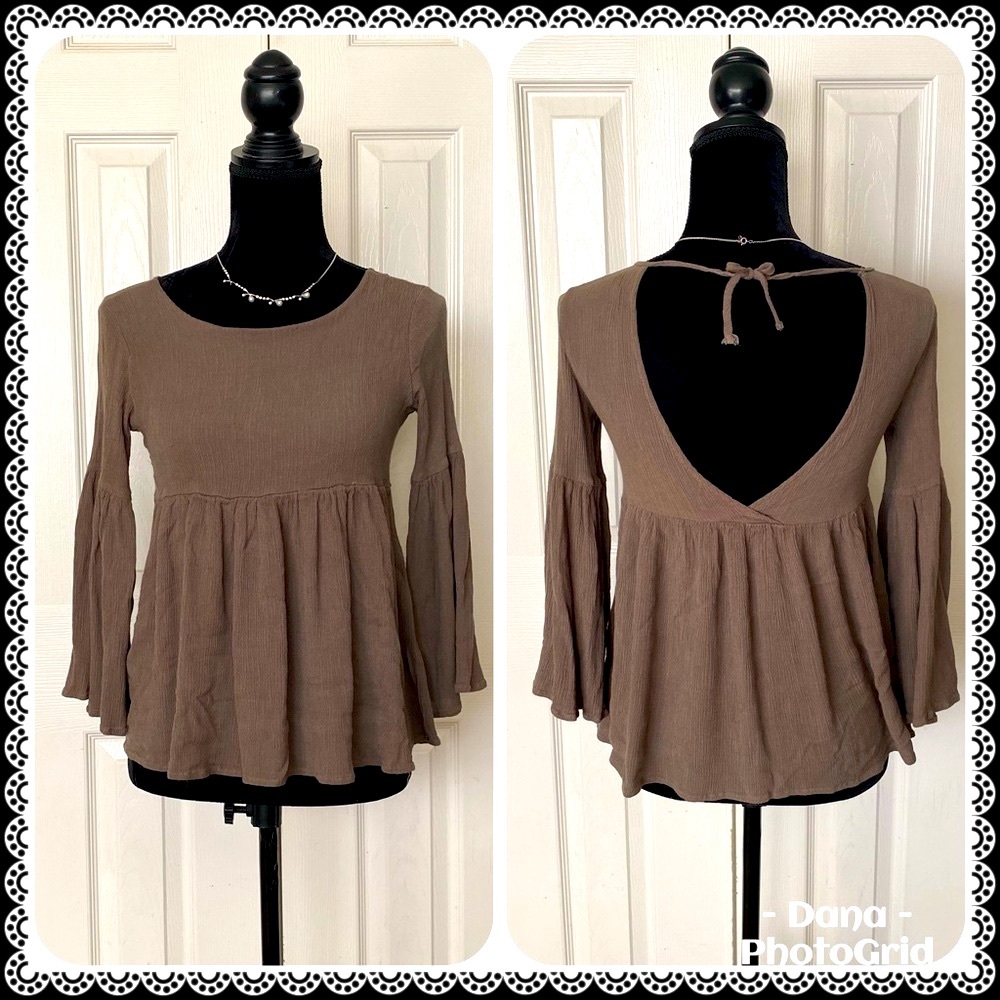 Brown, open back bell sleeve blouse